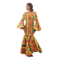 Kente print long fitted dress with bottom flounce