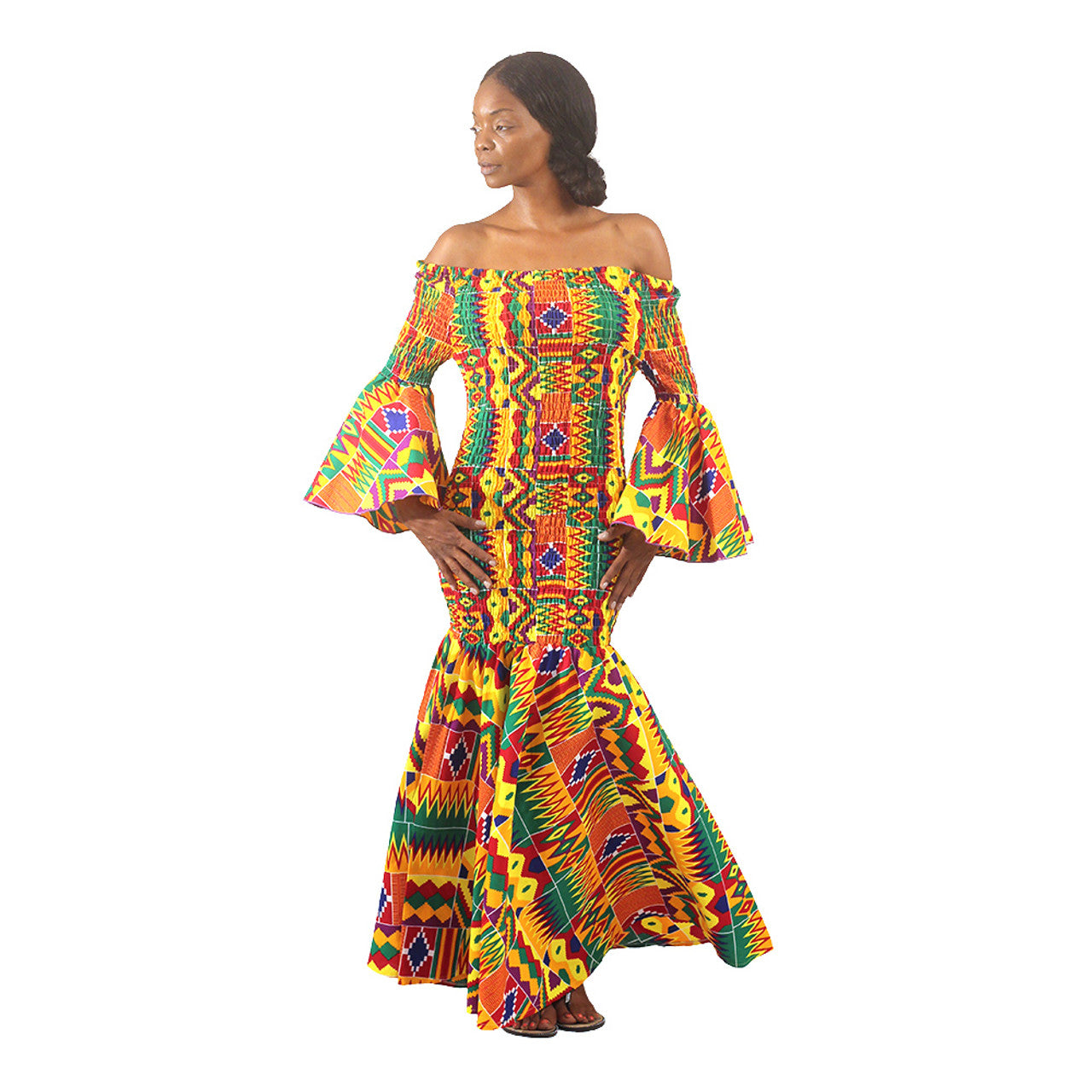 Kente print long fitted dress with bottom flounce